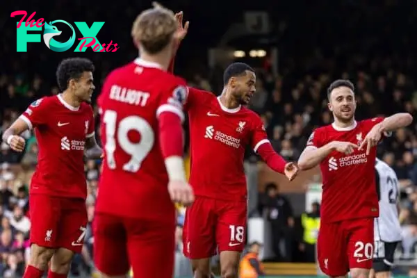 LONDON, ENGLAND - Sunday, April 21, 2024: Liverpool's Diogo Jota celebrates after scoring the third goal during the FA Premier League match between Fulham FC and Liverpool FC at Craven Cottage. (Photo by David Rawcliffe/Propaganda)