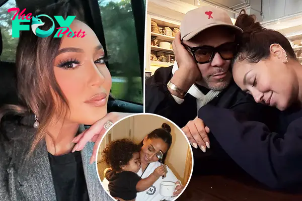 Adrienne Bailon and husband Israel Houghton split image with inset of son.