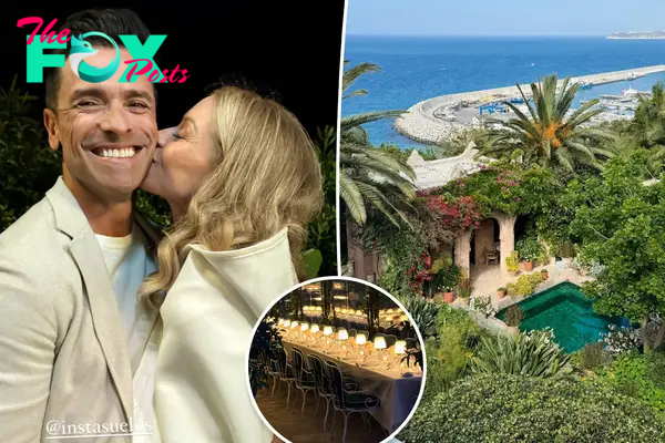 A split photo of a selfie of Kelly Ripa and Mark Consuelos and Kelly Ripa's photo of her Morrocco hotel and a small photo of a long table