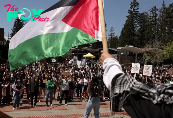 Pro-Palestinian protesters gather in front of Sproul Hall on the UC Berkeley campus on April 22, 2024.