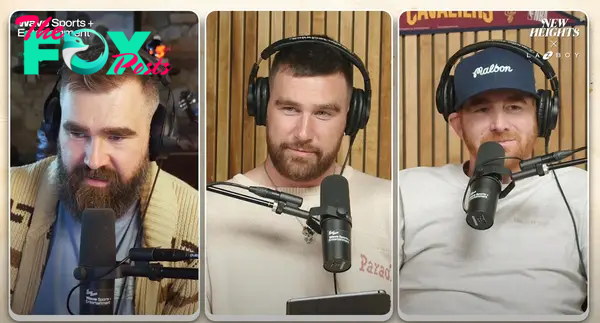 Jason Kelce, Travis Kelce and Andrew Santino on "New Heights."