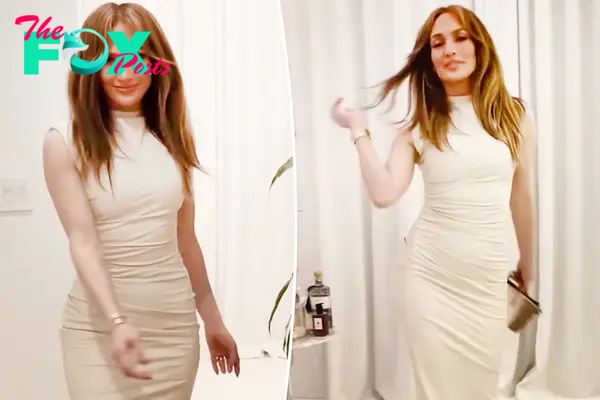 Jennifer Lopez shares a "Mom's Night Out" Reel wearing a beige dress