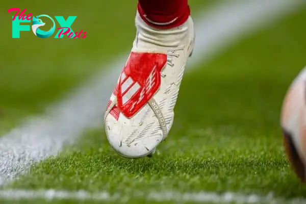LIVERPOOL, ENGLAND - Thursday, November 30, 2023: The Adidas Predator boot of Liverpool's captain Trent Alexander-Arnold during the UEFA Europa League Group E matchday 5 game between Liverpool FC and LASK at Anfield. (Photo by David Rawcliffe/Propaganda)