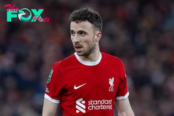 LIVERPOOL, ENGLAND - Wednesday, January 10, 2024: Liverpool's Diogo Jota during the Football League Cup Semi-Final 1st Leg match between Liverpool FC and Fulham FC at Anfield. (Photo by David Rawcliffe/Propaganda)