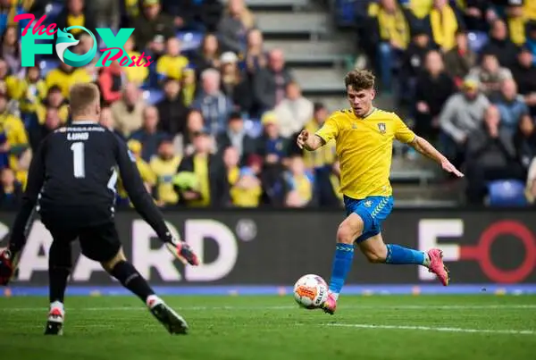 Mathias Kvistgaarden of Brondby IF in action during the Danish 3F Superliga match between Brondby IF and Viborg FF at Brondby Stadion on October 8,...
