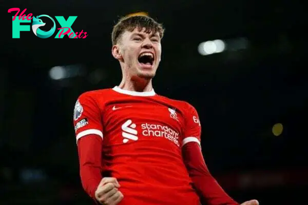 2WFM8R3 Liverpool's Conor Bradley celebrates after assisting their side's third goal of the game scored by Dominik Szoboszlai during the Premier League match at Anfield, Liverpool. Picture date: Wednesday January 31, 2024.