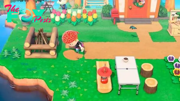 The player character laying down a path in Animal Crossing: New Horizons.