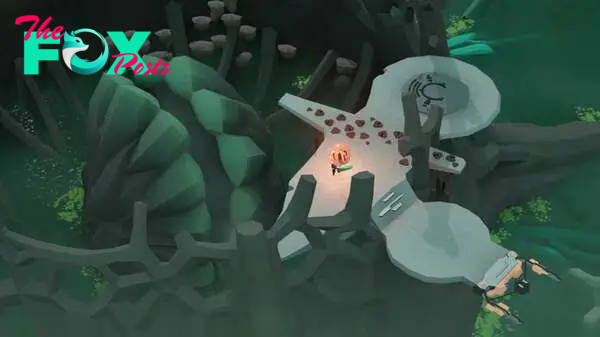 The player character placing a world marble to activate a mechanism in Geometric Interactive's Cocoon.