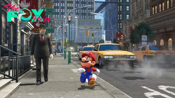 Mario running past a man in a suit on the streets of New Donk City.