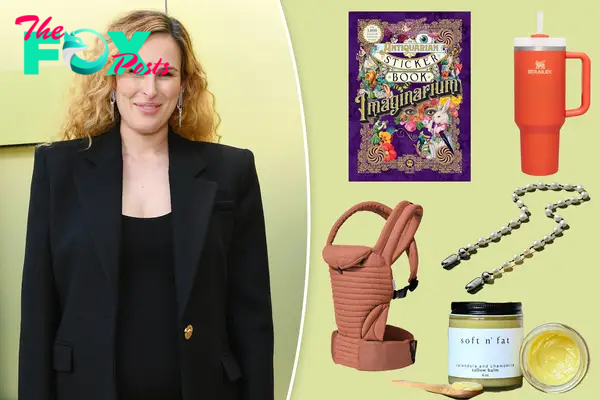 Rumer Willis with insets of a Stanley tumbler, phone strap, calendula balm, sticker book and baby carrier