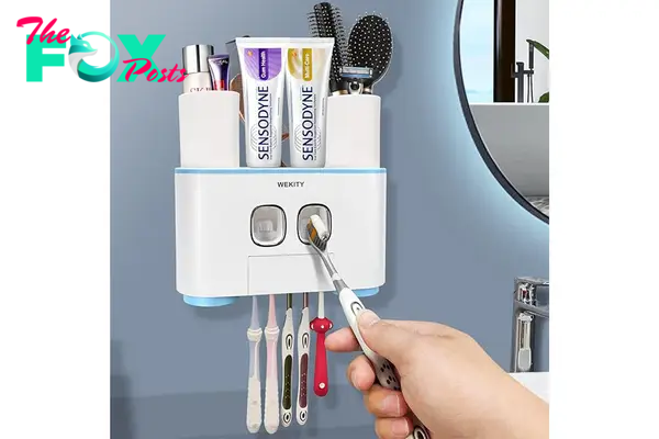 A toothbrush holder and toothpaste dispenser