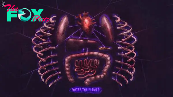 An assortment of organs and ribs are shown, with the message 'Water the Flower' beneath them all in Life Eater