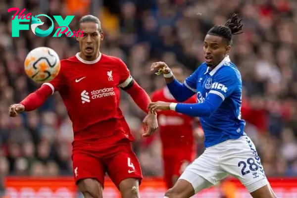 LIVERPOOL, ENGLAND - Saturday, October 21, 2023: Liverpool's captain Virgil van Dijk (L) and Everton's Youssef Chermiti during the FA Premier League match between Liverpool FC and Everton FC, the 243rd Merseyside Derby, at Anfield. Liverpool won 2-0. (Photo by David Rawcliffe/Propaganda)