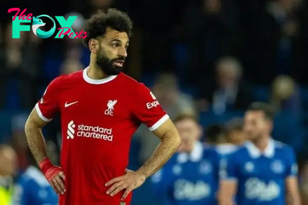 LIVERPOOL, ENGLAND - Wednesday, April 24, 2024: Liverpool's Mohamed Salah looks dejected as Everton score their side's second goal during the FA Premier League match between Everton FC and Liverpool FC, the 244th Merseyside Derby, at Goodison Park. (Photo by David Rawcliffe/Propaganda)