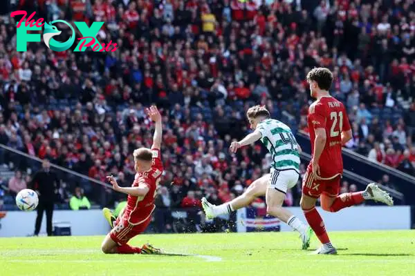 James Forrest of Celtic scores his team's second goal during the Scottish Cup Semi Final match between Aberdeen and Celtic at Hampden Park on April...