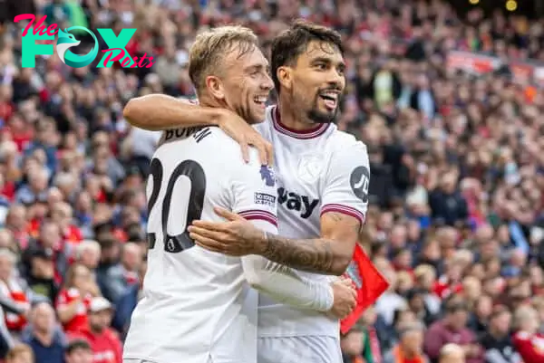 LIVERPOOL, ENGLAND - Sunday, September 24, 2023: West Ham United's Jarrod Bowen (L) celebrates with team-mate Lucas Paquetá after scoring the first equalising goal during the FA Premier League match between Liverpool FC and West Ham United FC at Anfield. (Pic by David Rawcliffe/Propaganda)