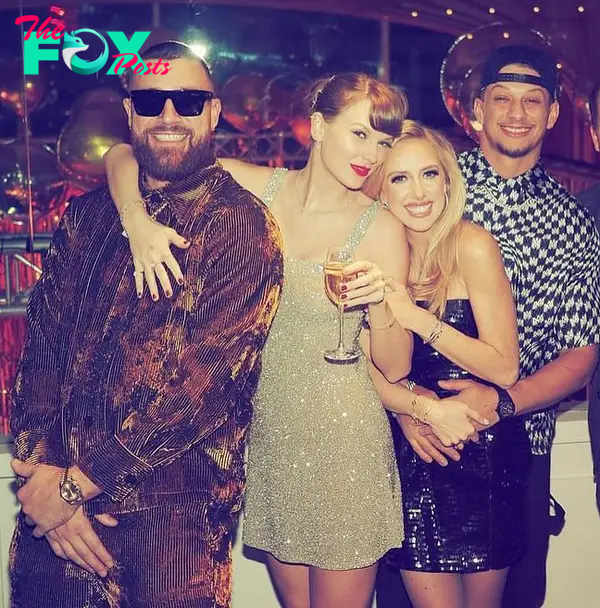Taylor Swift, Travis Kelce, Brittany Mahomes and Patrick Mahomes at a party.