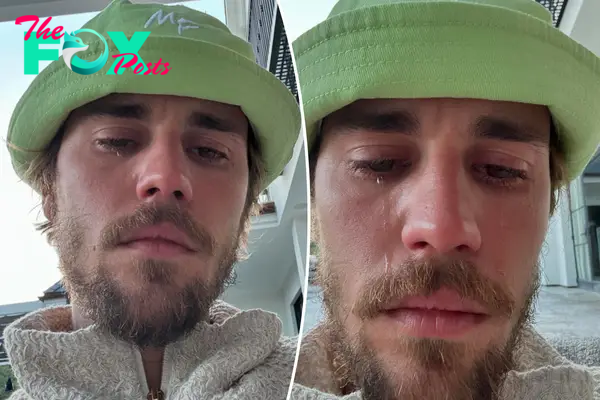 Two selfies of Justin Bieber crying
