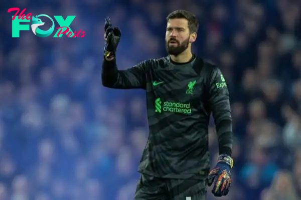 LIVERPOOL, ENGLAND - Wednesday, April 24, 2024: Liverpool's goalkeeper Alisson Becker during the FA Premier League match between Everton FC and Liverpool FC, the 244th Merseyside Derby, at Goodison Park. (Photo by David Rawcliffe/Propaganda)
