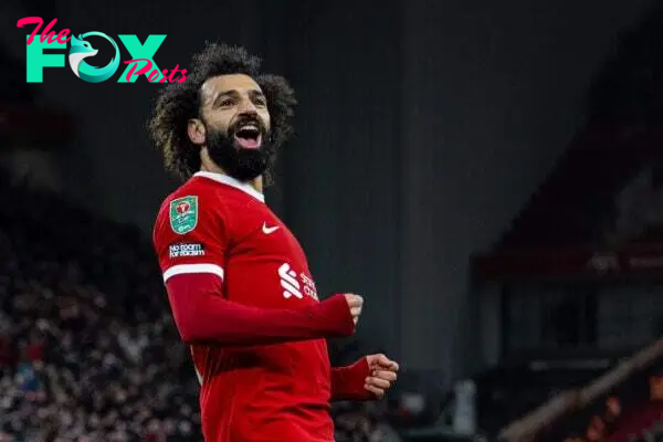 LIVERPOOL, ENGLAND - Wednesday, December 20, 2023: Liverpool's Mohamed Salah celebrates after scoring the fourth goal during the Football League Cup Quarter-Final match between Liverpool FC and West Ham United FC at Anfield. (Photo by David Rawcliffe/Propaganda)