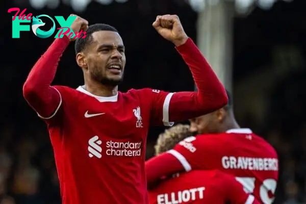 LONDON, ENGLAND - Sunday, April 21, 2024: Liverpool's Cody Gakpo celebrates his side's third goal during the FA Premier League match between Fulham FC and Liverpool FC at Craven Cottage. Liverpool won 3-1. (Photo by David Rawcliffe/Propaganda)