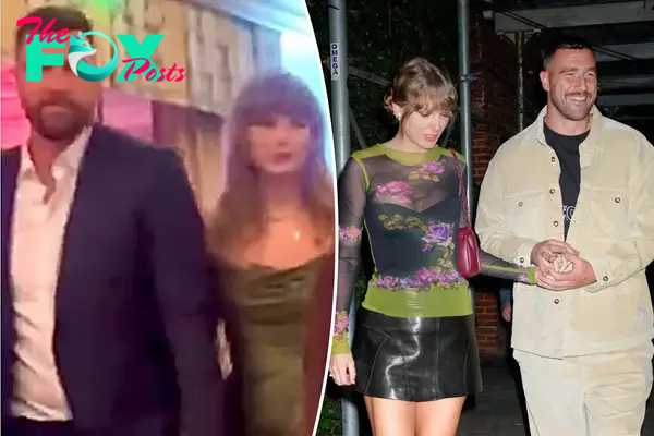 A split photo of Travis Kelce and Taylor Swift walking at a gala and another photo of Travis Kelce and Taylor Swift holding hands