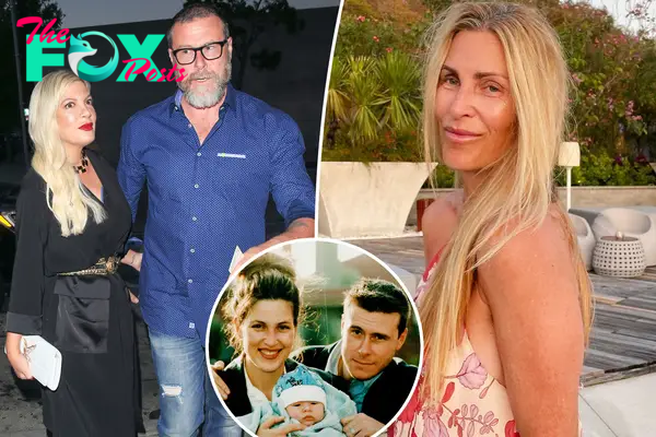 A split photo of Tori Spelling and Dean McDermott and Mary Jo Eustace posing and a small photo of Mary Jo Eustace and Dean McDermott with their baby