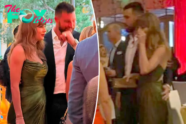 Two split photos of Travis Kelce and Taylor Swift standing with each other at a gala