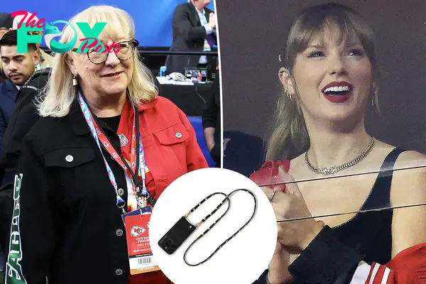 Taylor Swift and Donna Kelce with an inset of a Bandolier phone case