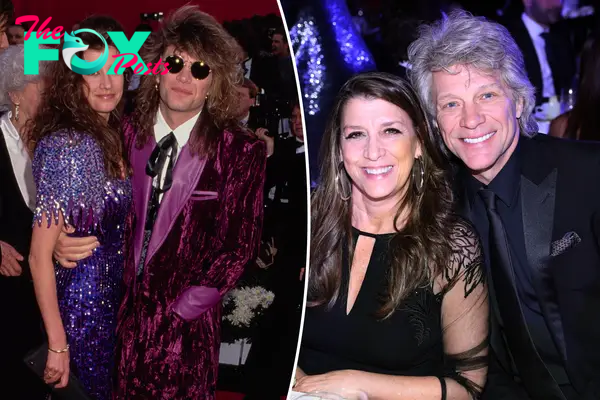 Two split photos of Jon Bon Jovi and Dorothea Hurley posing together
