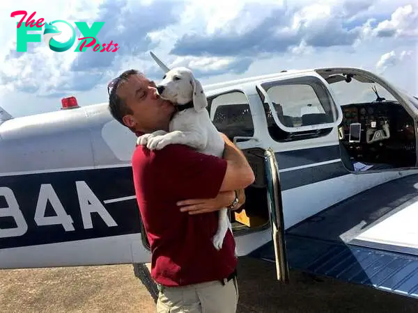 Pilot with plane and rescue dog