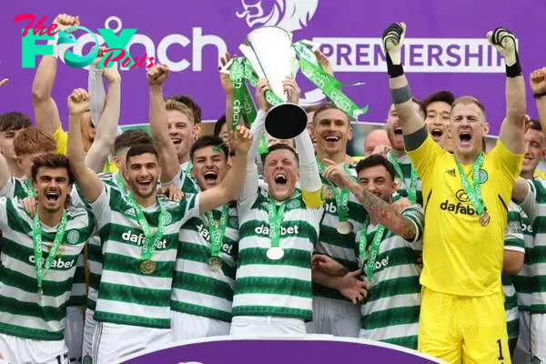 Callum McGregor of Celtic lifts the SPL trophy during the Cinch Scottish Premiership match between Celtic and Aberdeen at Celtic Park Stadium on Ma...