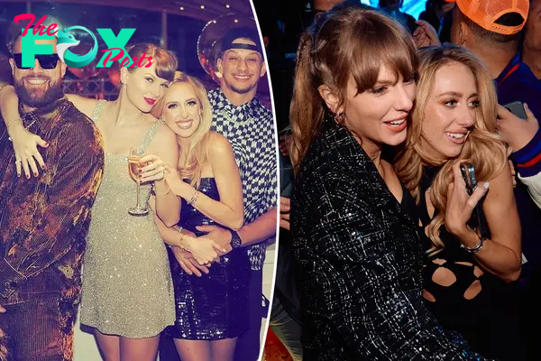 Taylor Swift and Travis Kelce with Patrick and Brittany Mahomes split image.