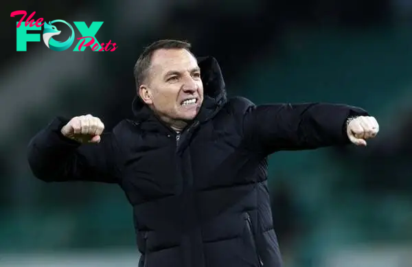 Celtic manager Brendan Rodgers celebrates at full time during the Cinch Scottish Premiership match between Hibernian FC and Celtic FC at Easter Roa...