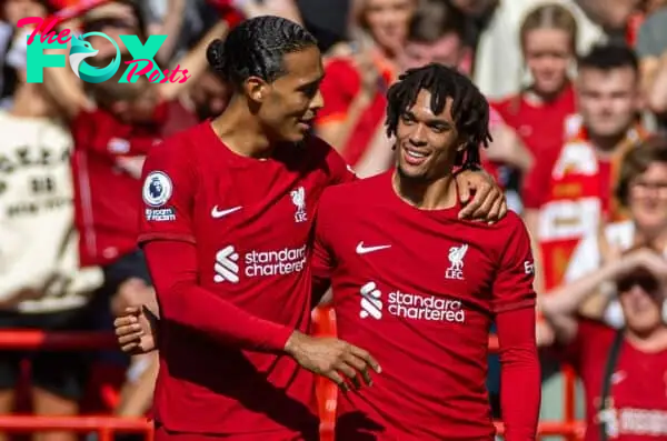 LIVERPOOL, ENGLAND - Saturday, August 27, 2022: Liverpool's Trent Alexander-Arnold (R) celebrates with team-mate Virgil van Dijk after scoring the third goal during the FA Premier League match between Liverpool FC and AFC Bournemouth at Anfield. (Pic by David Rawcliffe/Propaganda)