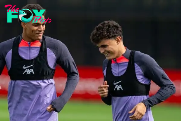 LIVERPOOL, ENGLAND - Wednesday, September 20, 2023: Liverpool's Jarell Quansah (L) and Stefan Bajcetic during a training session at the AXA Training Centre ahead of the UEFA Europa League Group E match between LASK and Liverpool FC. (Pic by Andrew Yeats/Propaganda)