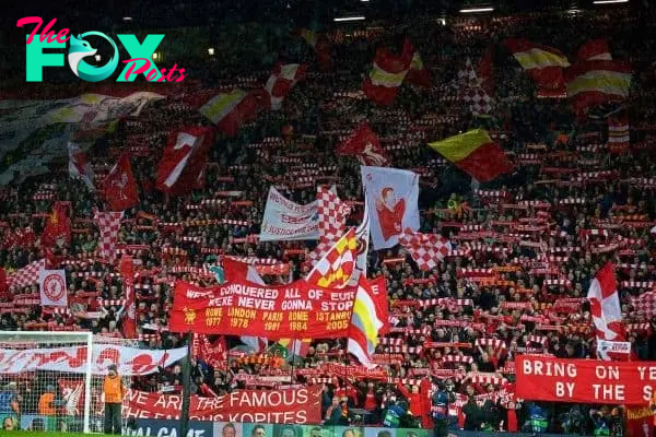 LIVERPOOL, ENGLAND - Tuesday, April 24, 2018: Liverpool supporters on the Spion Kop during the UEFA Champions League Semi-Final 1st Leg match between Liverpool FC and AS Roma at Anfield. (Pic by David Rawcliffe/Propaganda)