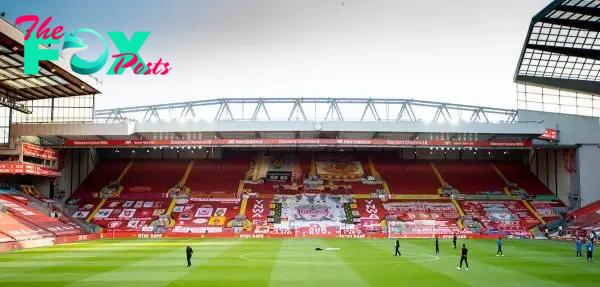 LIVERPOOL, ENGLAND - Wednesday, June 24, 2020: Liverpool supporters' banners on the Spion Kop before the FA Premier League match between Liverpool FC and Crystal Palace FC at Anfield. The game was played behind closed doors due to the UK government’s social distancing laws during the Coronavirus COVID-19 Pandemic. (Pic by David Rawcliffe/Propaganda)
