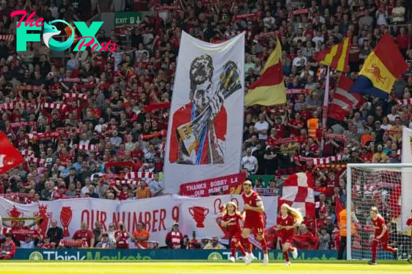 LIVERPOOL, ENGLAND - Saturday, May 20, 2023: Liverpool supporters' banner for Roberto Firmino on the Spion Kop before the FA Premier League match between Liverpool FC and Aston Villa FC at Anfield. (Pic by David Rawcliffe/Propaganda)