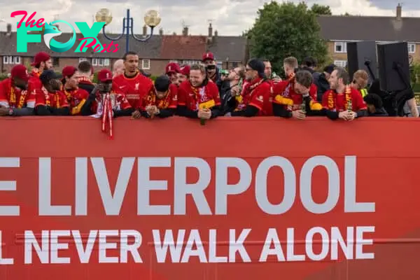 LIVERPOOL, ENGLAND - Sunday, May 29, 2022: Liverpool's Sadio Mané, Joel Matip, first-team development coach Pepijn Lijnders, manager Jürgen Klopp, assistant manager Peter Krawietz during an open top bus parade around the city after the club won the Cup Double, the FA Cup and the Football League Cup. (Photo by David Rawcliffe/Propaganda)