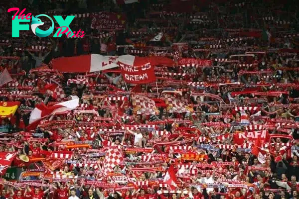 LIVERPOOL, ENGLAND. TUESDAY, MAY 3rd, 2005: Liverpool supporters on the Spion Kop sing "You'll never walk alone" before before the UEFA Champions League Semi Final 2nd Leg against Chelsea at Anfield. (Pic by David Rawcliffe/Propaganda)