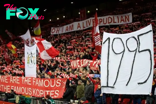 LIVERPOOL, ENGLAND - Friday, January 5, 2018: Liverpool supporters' banner "1995" referring to the last time Everton won a trophy, on the Spion Kop before the FA Cup 3rd Round match between Liverpool FC and Everton FC, the 230th Merseyside Derby, at Anfield. (Pic by David Rawcliffe/Propaganda)