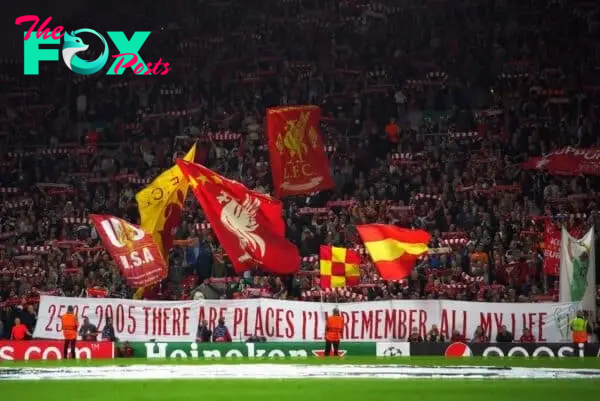The Kop, Anfield, Istanbul banner, AC Milan, 2021 Champions League (Alamy Photo)