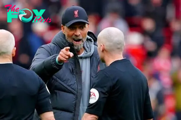 Jurgen Klopp accused referee Paul Tierney, second right, of unprofessionalism after Liverpool’s draw with Tottenham at Anfield (Peter Byrne/PA)