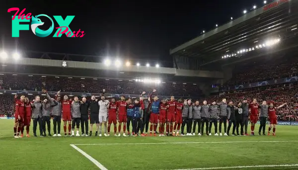 LIVERPOOL, ENGLAND - Tuesday, May 7, 2019: Liverpool players and staff celebrate after the UEFA Champions League Semi-Final 2nd Leg match between Liverpool FC and FC Barcelona at Anfield. Liverpool won 4-0 (4-3 on aggregate). (Pic by David Rawcliffe/Propaganda)