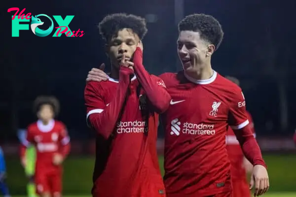 LIVERPOOL, ENGLAND - Saturday, January 20, 2024: Liverpool's Trent Kone-Doherty (L) celebrates with team-mate Kieran Morrison after scoring the fourth goal during the FA Youth Cup 4th Round match between Liverpool FC Under-18's and Arsenal FC Under-18's at the Liverpool Academy. (Photo by David Rawcliffe/Propaganda)