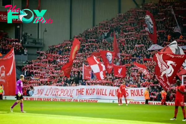 LIVERPOOL, ENGLAND - Sunday, March 22, 2015: Liverpool's supporters on the Spion Kop with a banner 'My Liverpool The Kop Will Always Rule' before the Premier League match against Manchester United at Anfield. (Pic by David Rawcliffe/Propaganda)