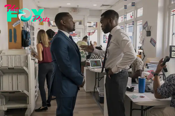 A Man in Full. (L to R) Aml Ameen as Roger White, William Jackson Harper as Wes Jordan in episode 104 of A Man in Full. Cr. Mark Hill/Netflix © 2024