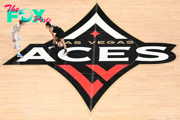 Oct 8, 2023; Las Vegas, Nevada, USA; New York Liberty guard Courtney Vandersloot (22) defends against Las Vegas Aces guard Kelsey Plum (10) in the second half during game one of the 2023 WNBA Finals at Michelob Ultra Arena. Mandatory Credit: Candice Ward-USA TODAY Sports