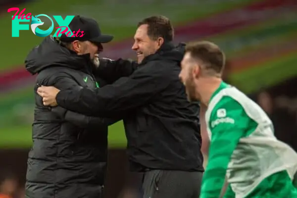 LONDON, ENGLAND - Sunday, February 25, 2024: Liverpool's manager Jürgen Klopp celebrates with goalkeeping coach John Achterberg at the final whistle during the Football League Cup Final match between Chelsea FC and Liverpool FC at Wembley Stadium. (Photo by Peter Powell/Propaganda)